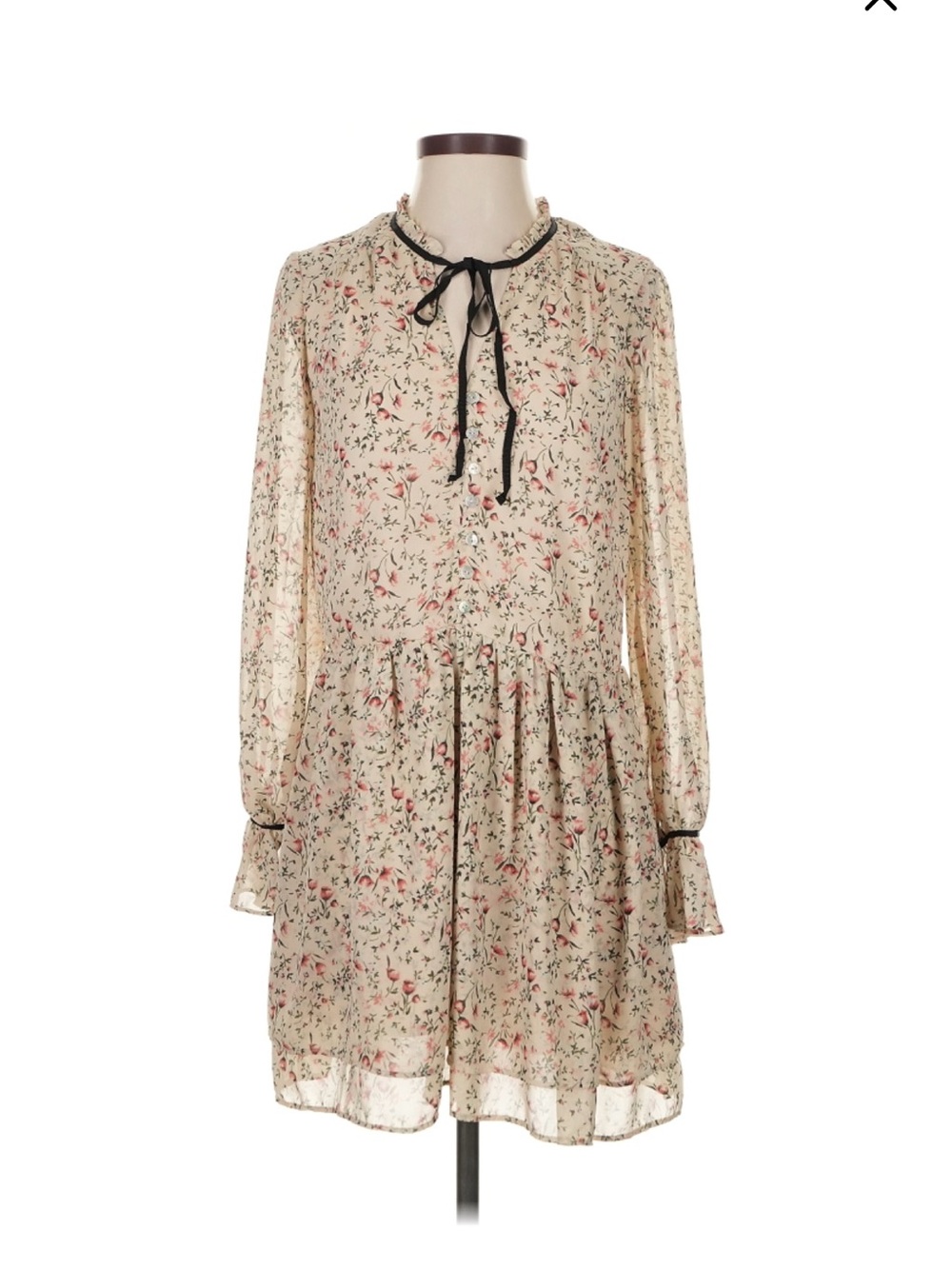 Sheer Floral Tie-Neck Mini Dress in Cream with Black Trim